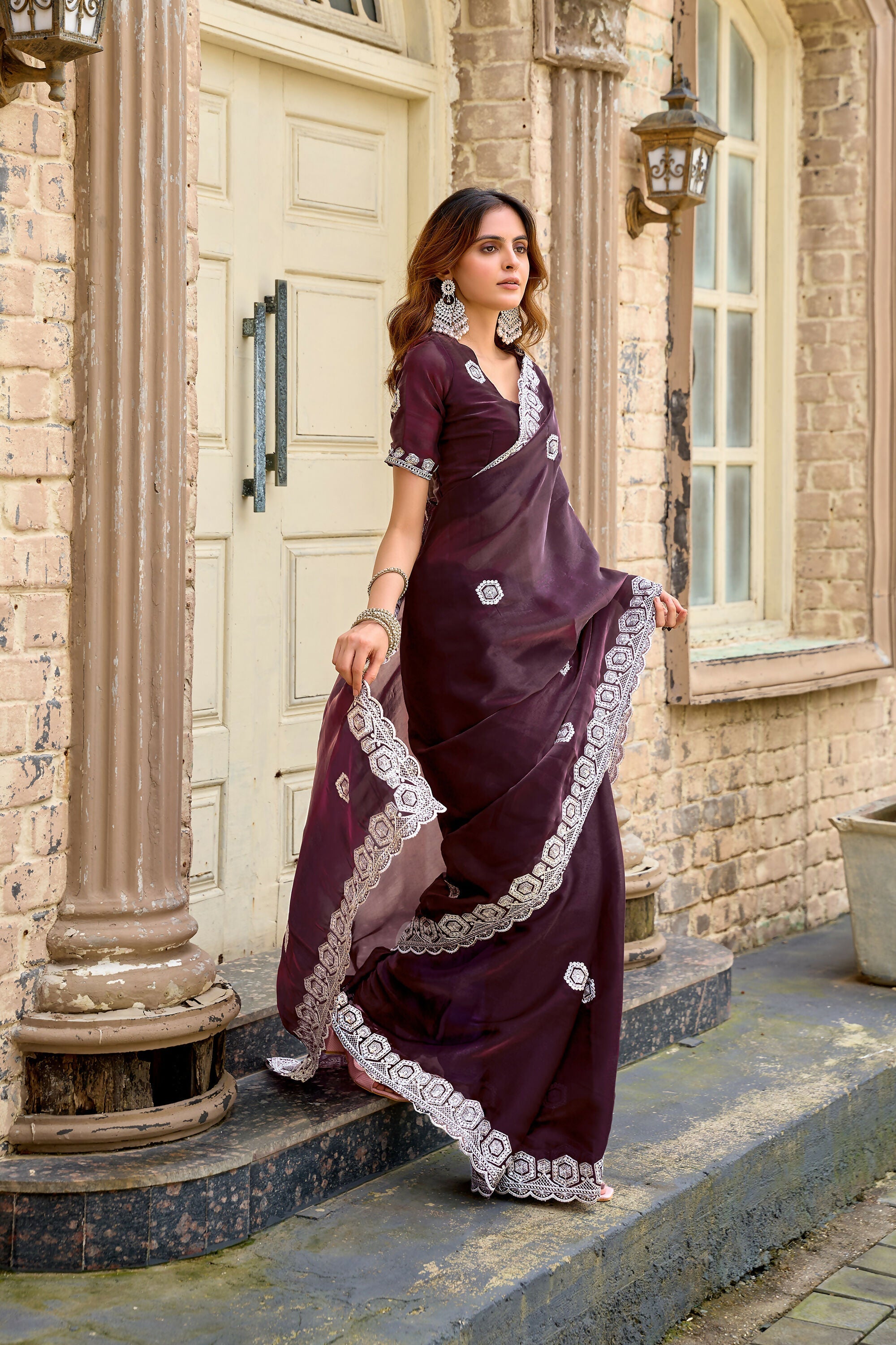 Vastranavya Wine Embroidery Work Shimmer Chiffon Saree with Unstitched Blouse | Grocsy