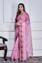 Morchari Pink Supernet Cross Embroidery Saree Unstitched Blouse | Grocsy
