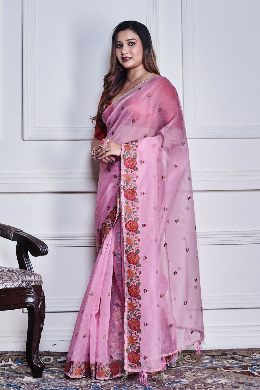 Morchari Pink Supernet Cross Embroidery Saree Unstitched Blouse | Grocsy