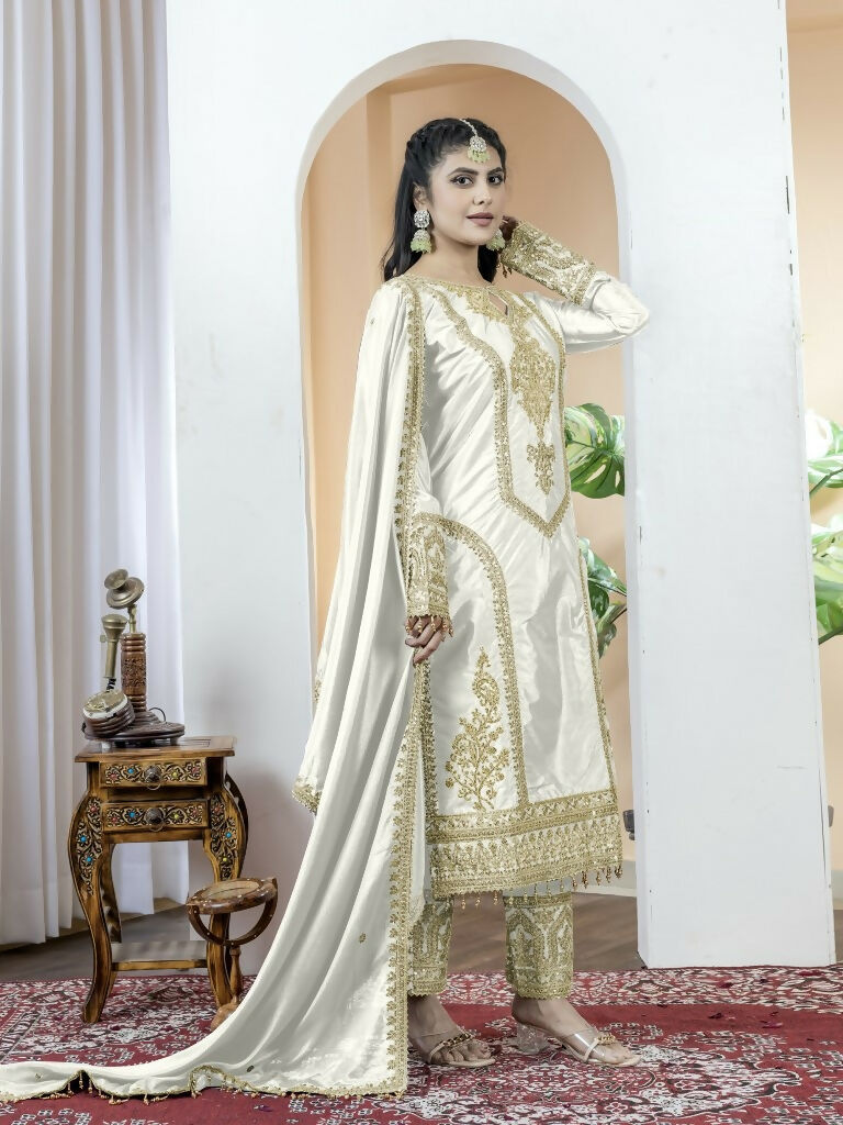 Teeya Creation White Color Chinnon Silk Embroidery Work Fully Stitched Salwar Suit | Grocsy