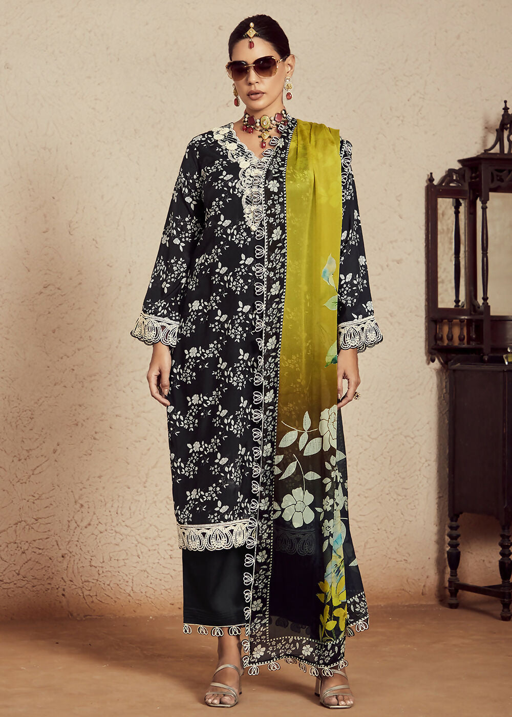 Black Muslin Cotton Digital Print & Embroidered Salwar Suit - Emponline | Grocsy