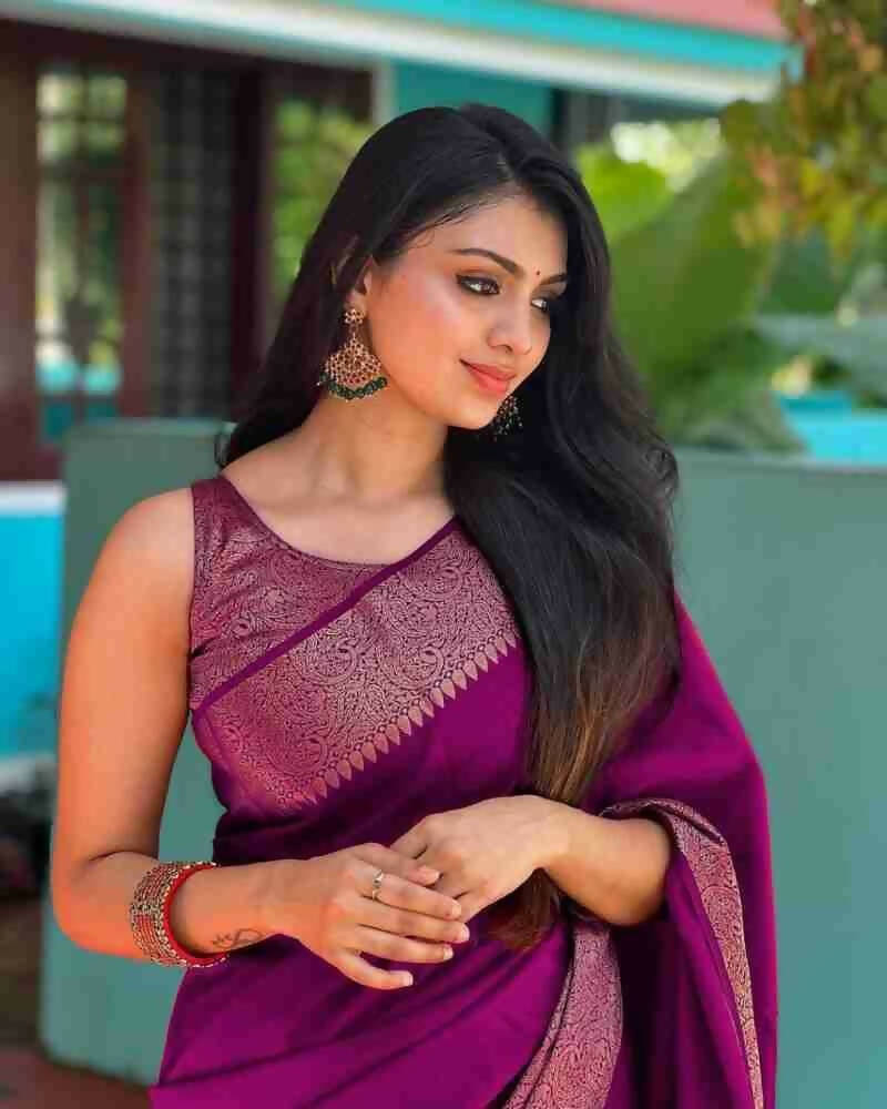 DEIANA'S Beautiful Designer Golden zari Soft Lichi Silk Saree - Wine | Grocsy