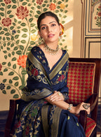 Monjolika Fashion Navy Blue Silk Blend Banarasi Zari Work Classic Saree | Grocsy