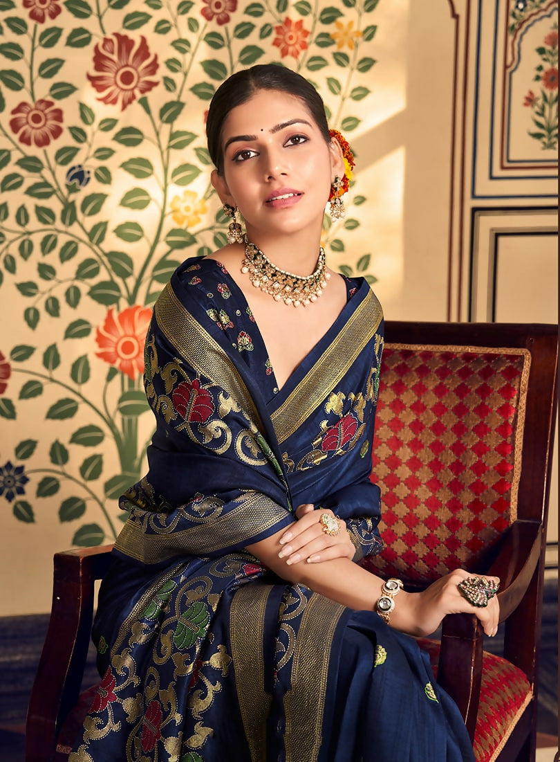 Monjolika Fashion Navy Blue Silk Blend Banarasi Zari Work Classic Saree | Grocsy