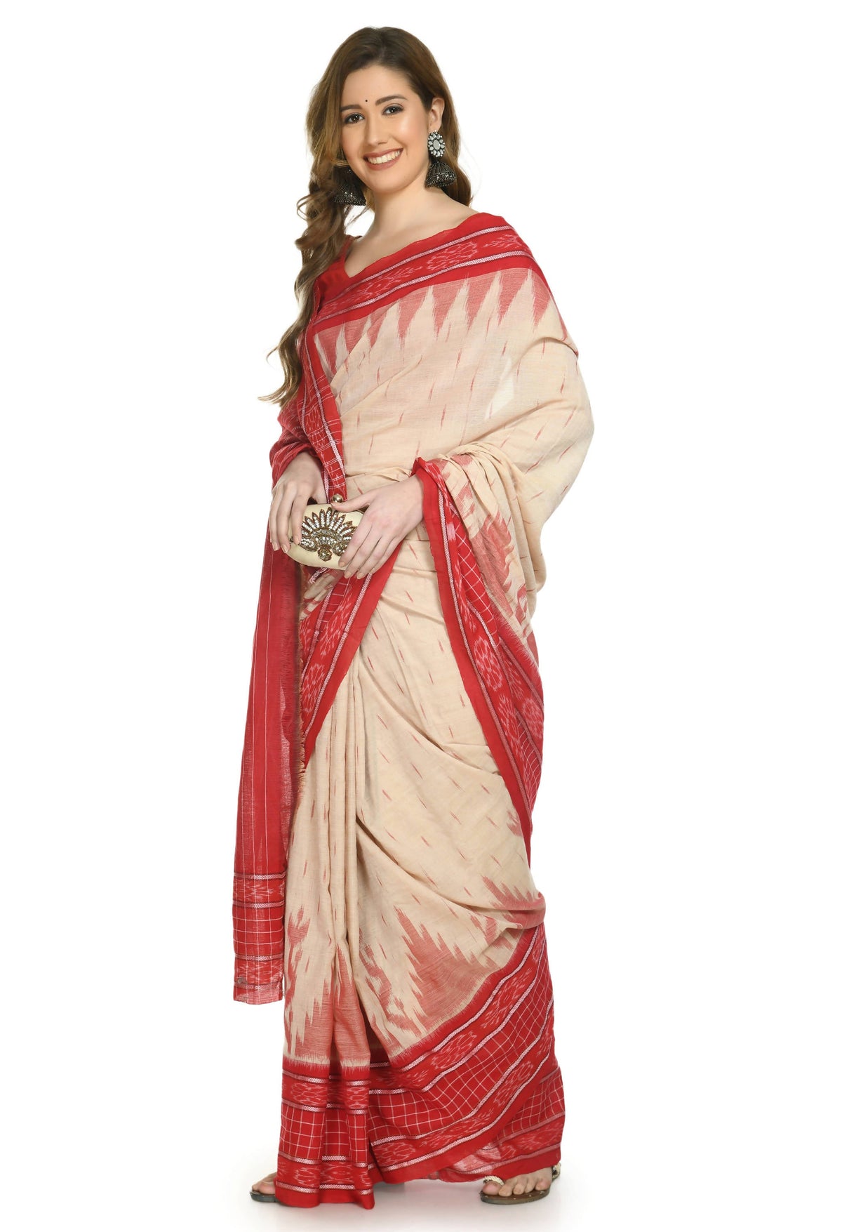 Vamika Sambalpuri Ikat Cotton Scot Dali Tasrite & Red Saree | Grocsy
