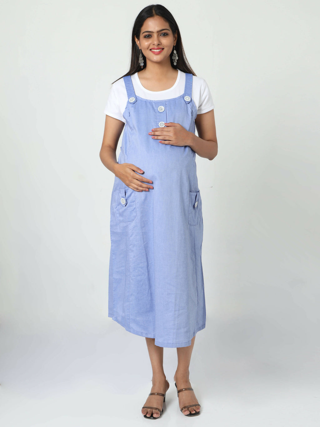 Manet Half Sleeves Solid Maternity Dress With Concealed Zipper Nursing Access - Blue | Grocsy