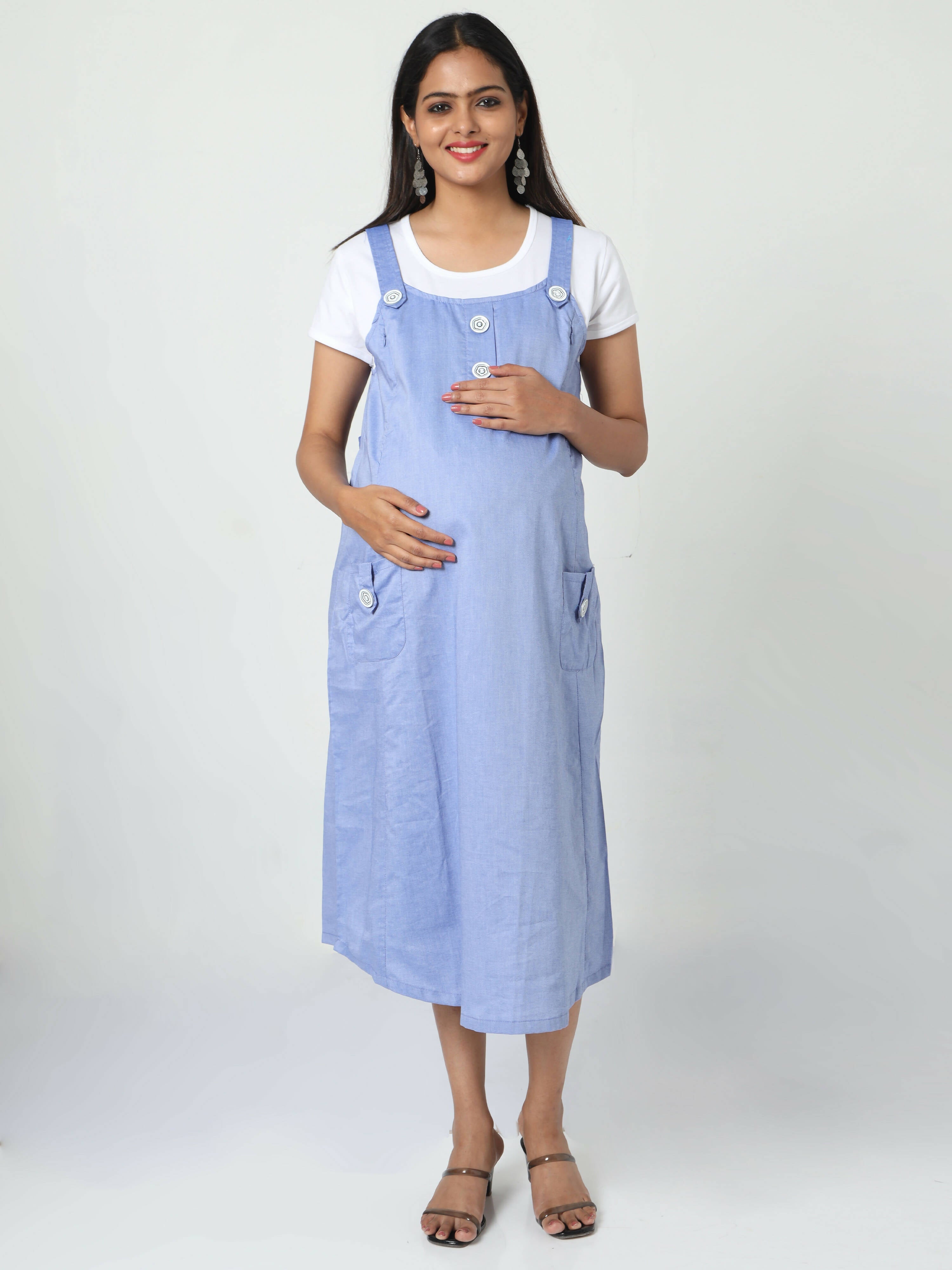 Manet Half Sleeves Solid Maternity Dress With Concealed Zipper Nursing Access - Blue | Grocsy