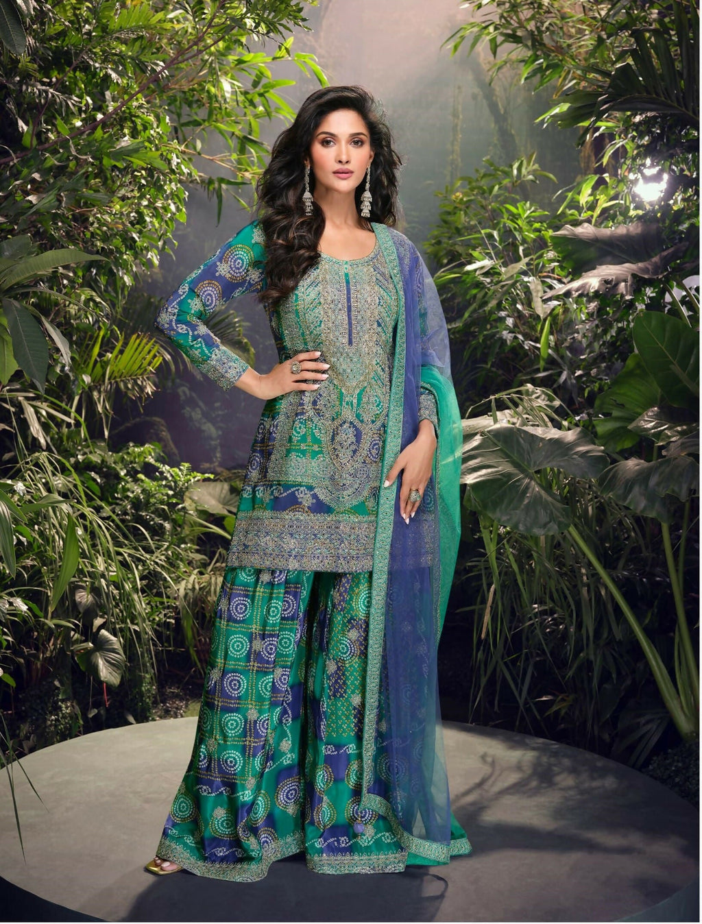 Anaita Blue Chinon Stitched Suit with Embroidery & Sequence Work | Grocsy
