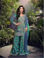 Anaita Blue Chinon Stitched Suit with Embroidery & Sequence Work | Grocsy