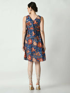 Myshka Women's Blue Floral Printed A-Line Dress | Grocsy