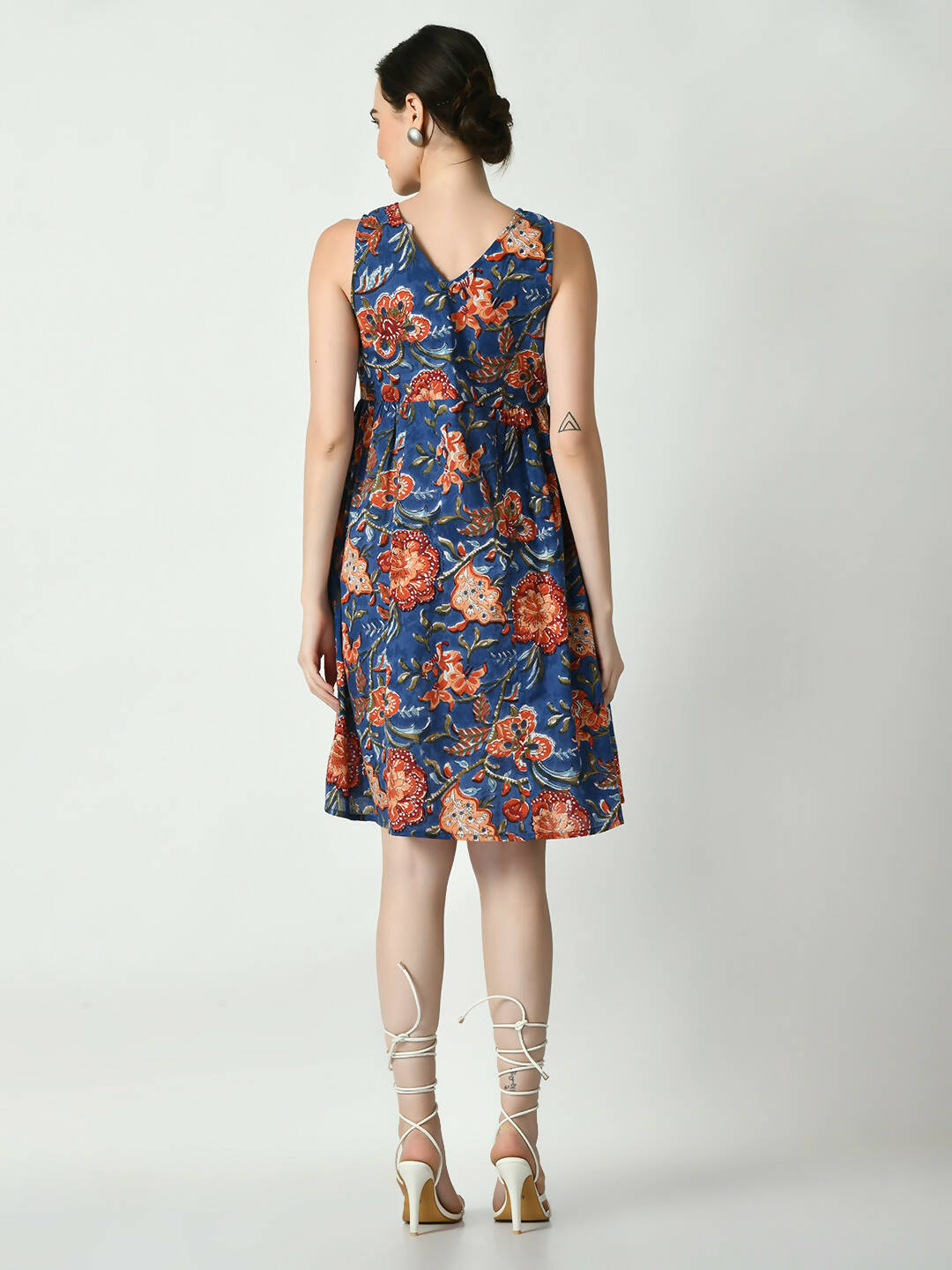 Myshka Women's Blue Floral Printed A-Line Dress | Grocsy