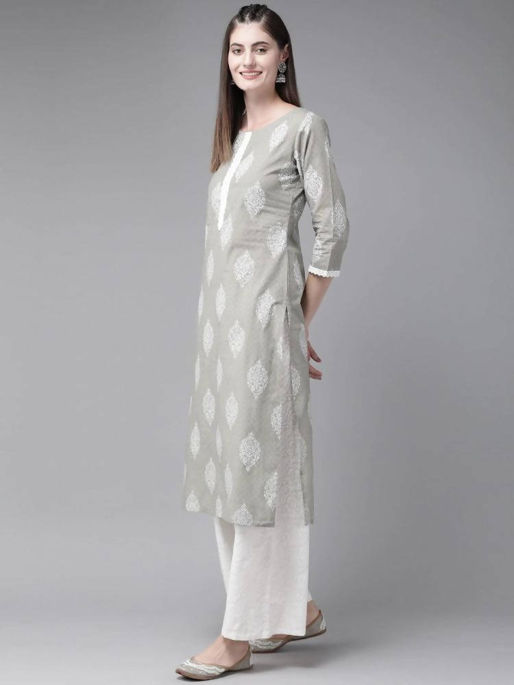 Yufta Grey and Off White Printed Kurta with Palazzo set | Grocsy