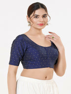 Joban Fashion Navy-Blue Taffeta Silk Elbow Sleeveless Front Open Blouse | Grocsy