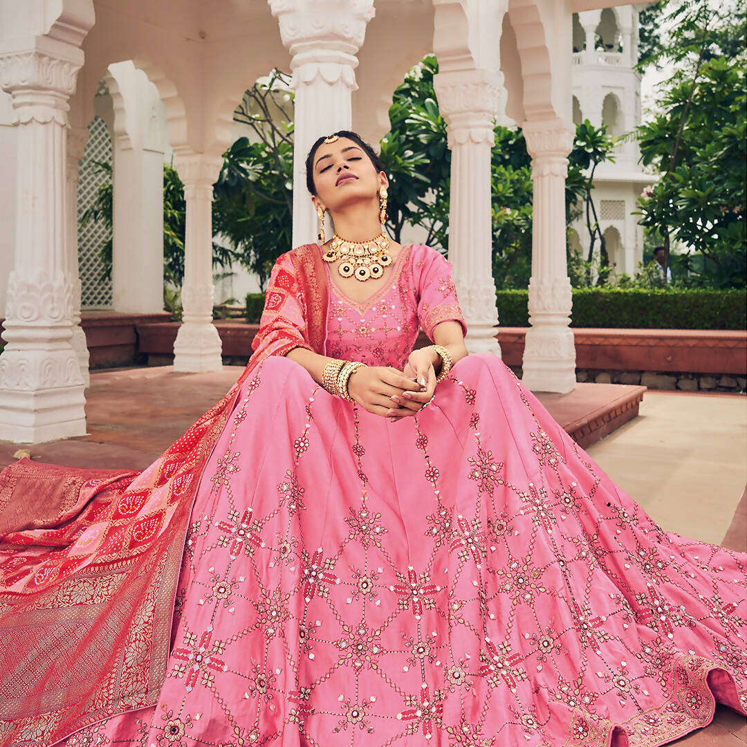 Bright Pink Heavy Viscose Khatli, Embroidery & Mirror Work Unstitched Lehenga Choli - Sisha Keshav | Grocsy