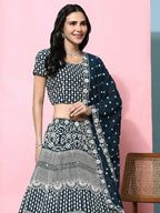 Blue Georgette Thread Embroidered Lehenga Choli with Dupatta - Tanya | Grocsy