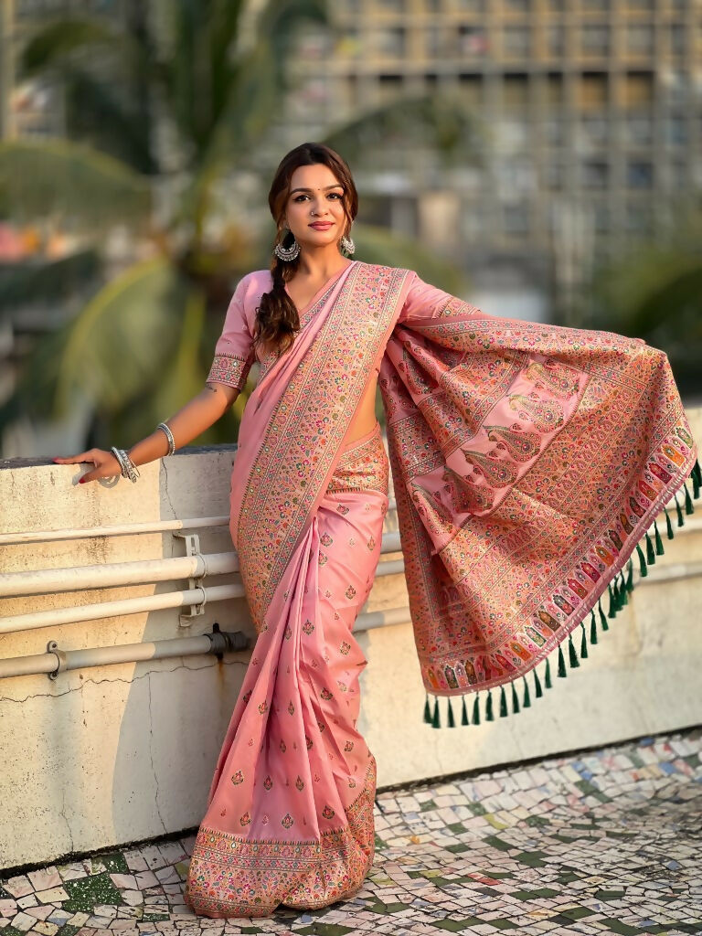 Pink Pashmina Silk Wevon Kashmiri Meenakari Designer Saree with Unstitched Blouse - Vandini | Grocsy