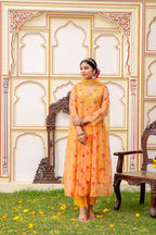 Vaasva Women Yellow Organza Floral Embroidered Anarkali Kurta, Pant & Dupatta set | Grocsy