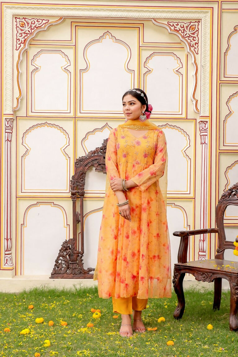 Vaasva Women Yellow Organza Floral Embroidered Anarkali Kurta, Pant & Dupatta set | Grocsy