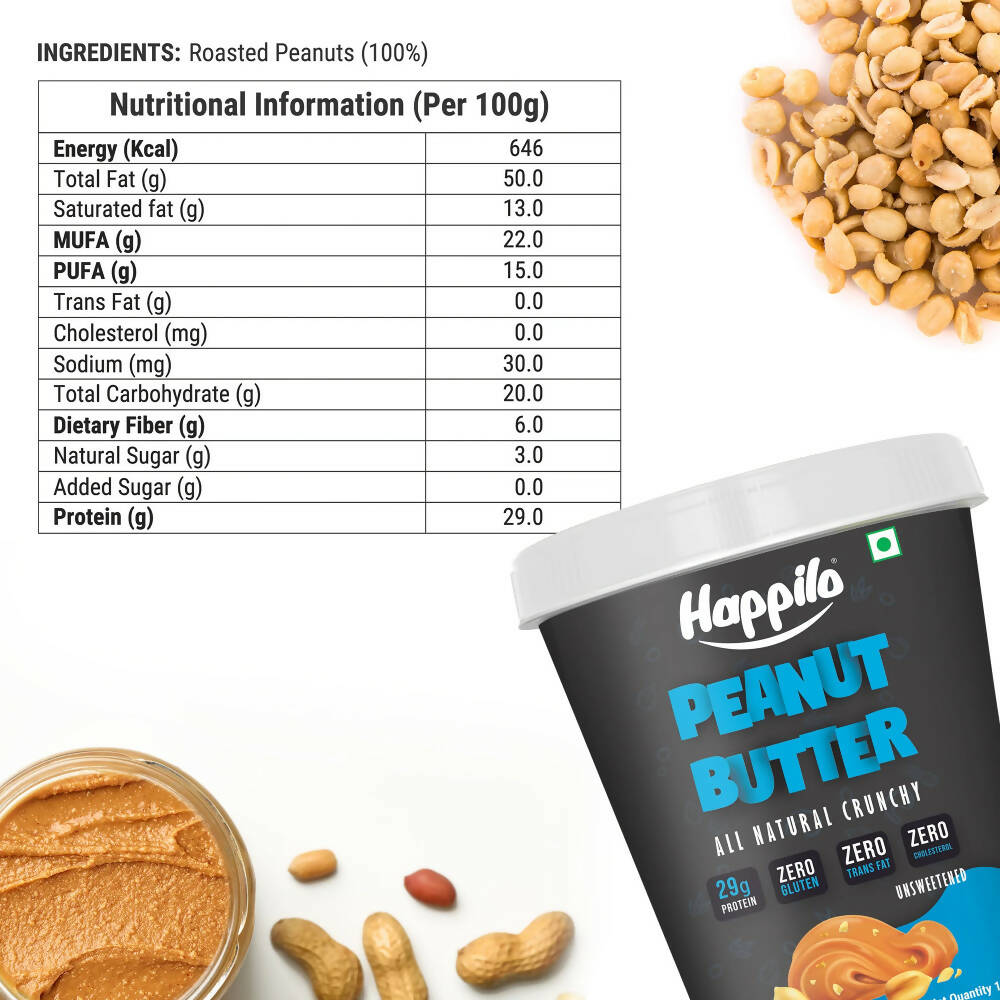 Happilo All Natural Unsweetened Peanut Butter Crunchy | Grocsy