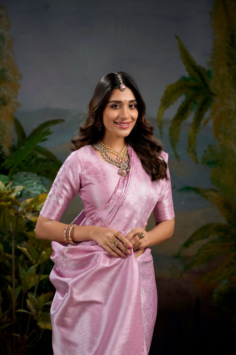 Vastranavya Baby Pink Kanjivaram Zari Weaving Work Saree with Unstitched Blouse | Grocsy