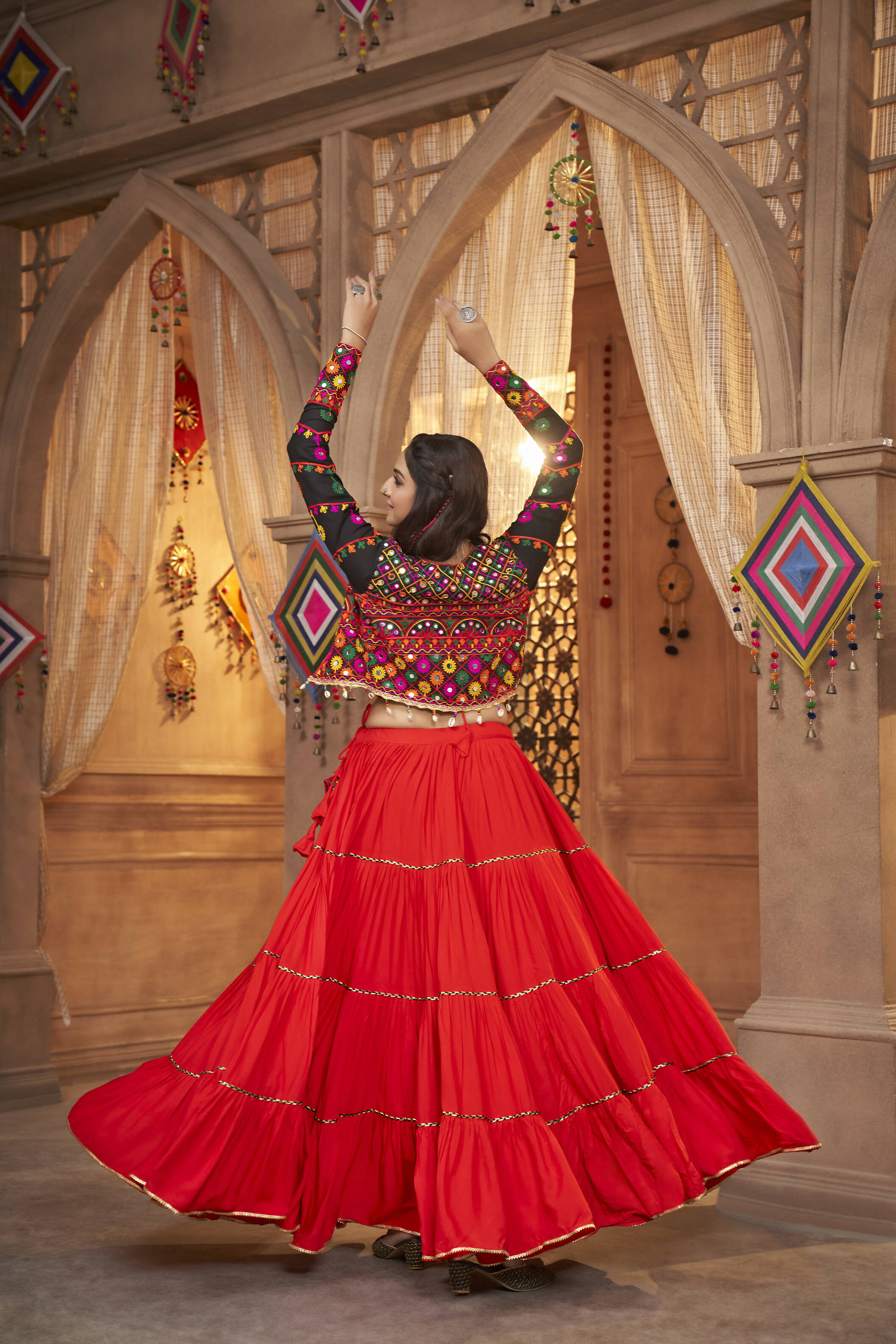 Red Viscose Rayon Navratri Lehenga Choli With Dupatta - Raas | Grocsy