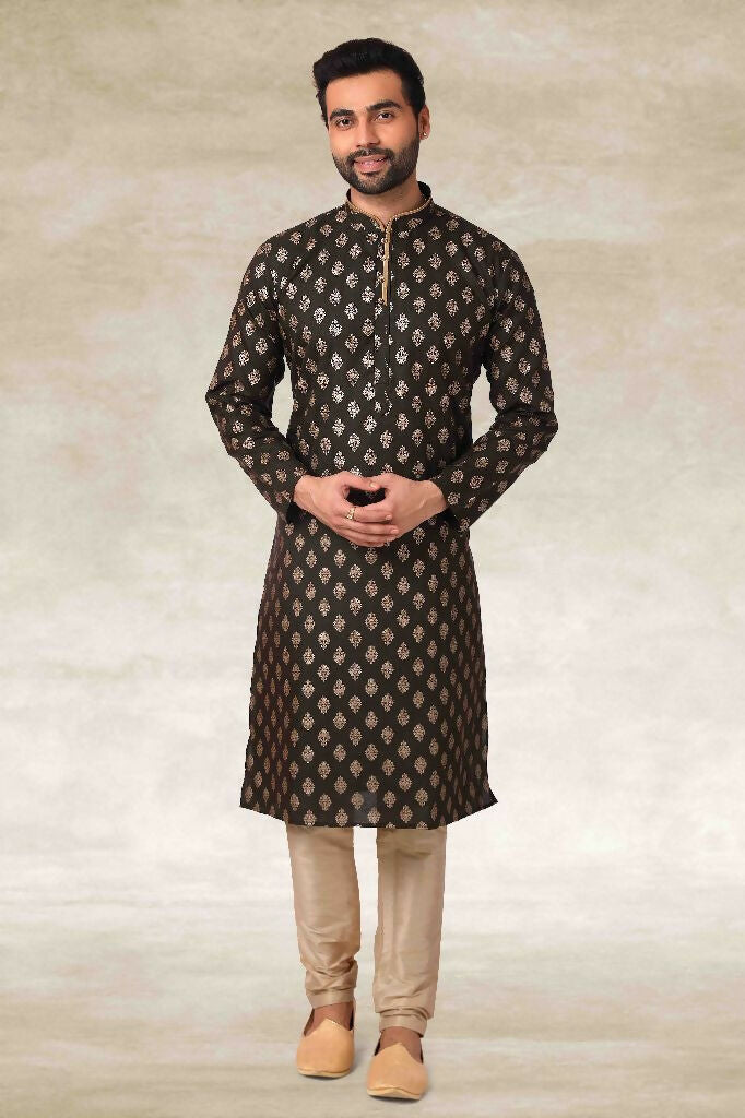 Raivat Ethnic Cotton Printed Work Kurta Pajama In Mehendi Green Colour | Grocsy