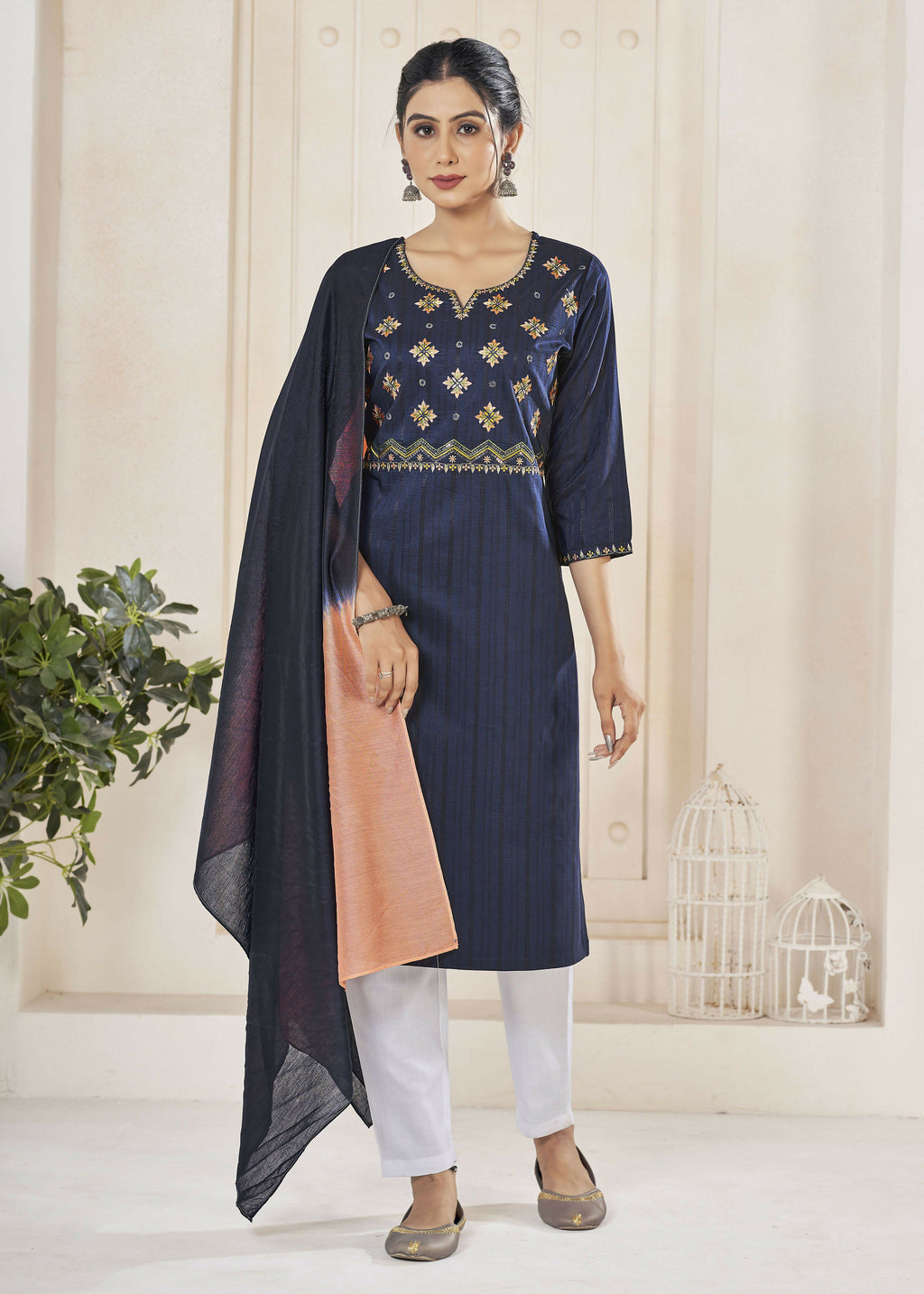Jyoti Fashion Women's Navy Blue Pure Viscose Weaving Stripe with Embroidery Kurta Set | Grocsy