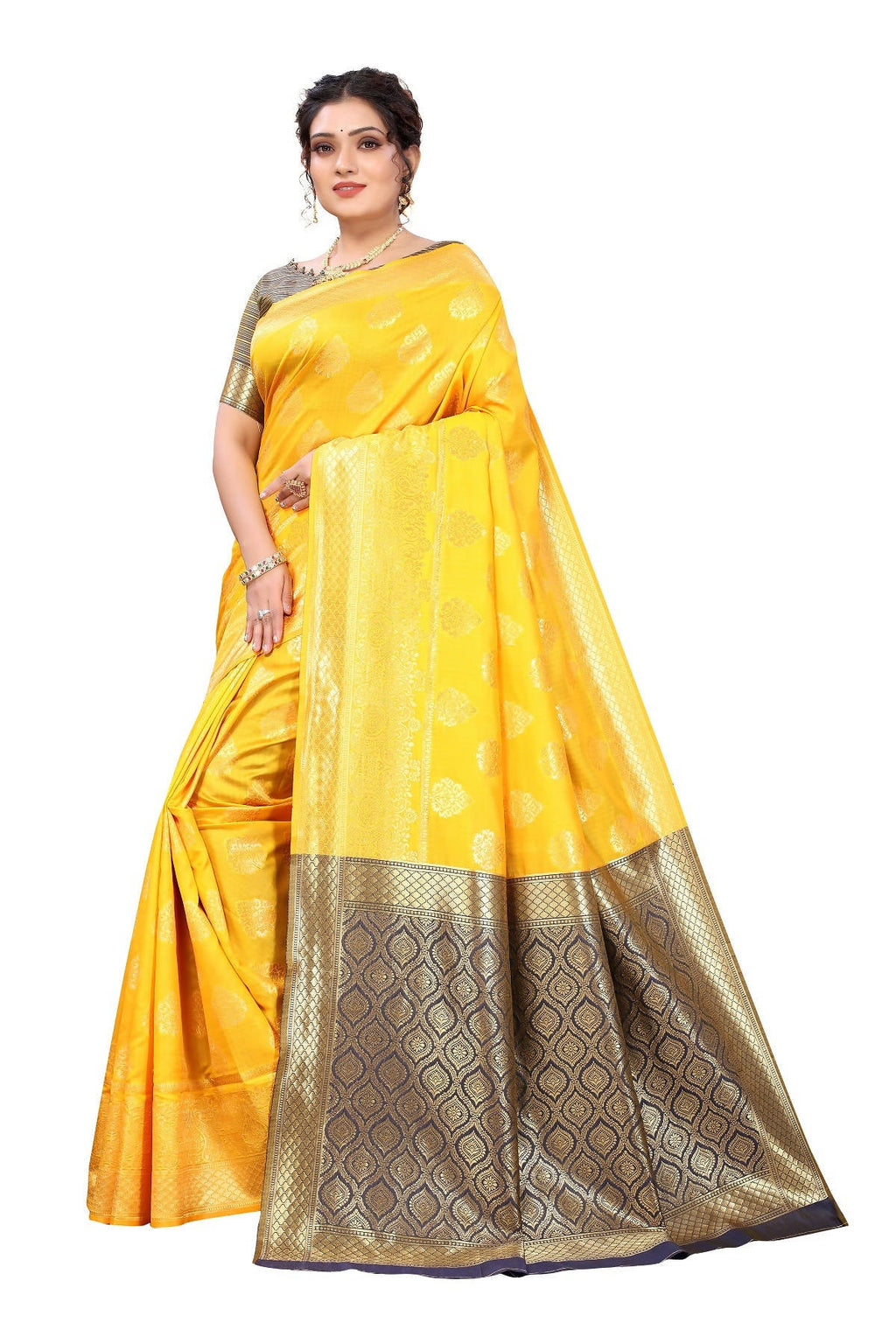 Vamika Ethnic Fire Yellow Weaving Banarasi Jacquard Saree | Grocsy