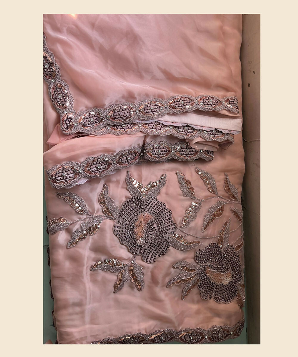 Peach Crepe Satin Silk Thread, Sequence, Cord Embroidered with Stone Work Saree - Mohmanthan Dakshika | Grocsy