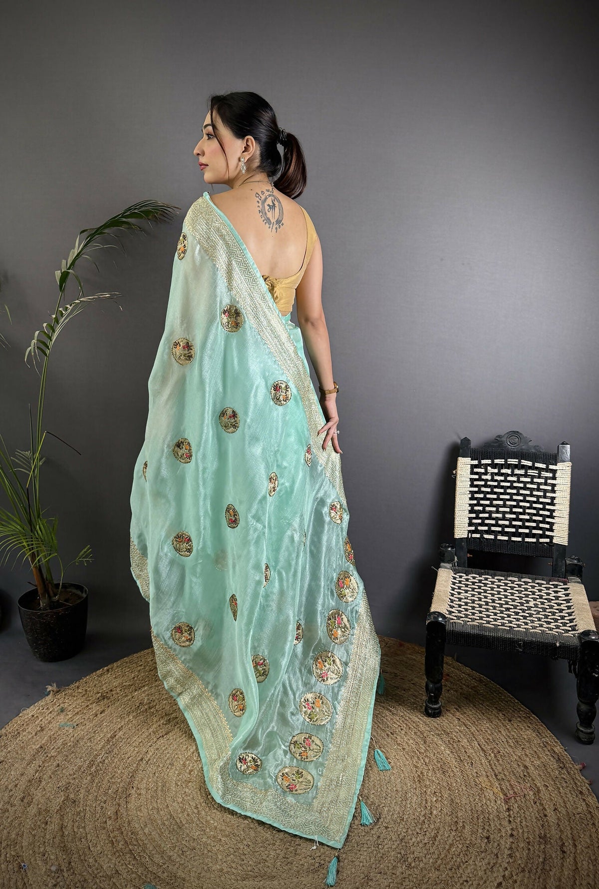 Joban Fashion Sky Blue Handloom Banarasi Organza Silk Khatali Butta Work Saree | Grocsy