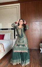 Prazu Fashion Dark Green Georgette Sequence Embroidered Sharara Suit | Grocsy