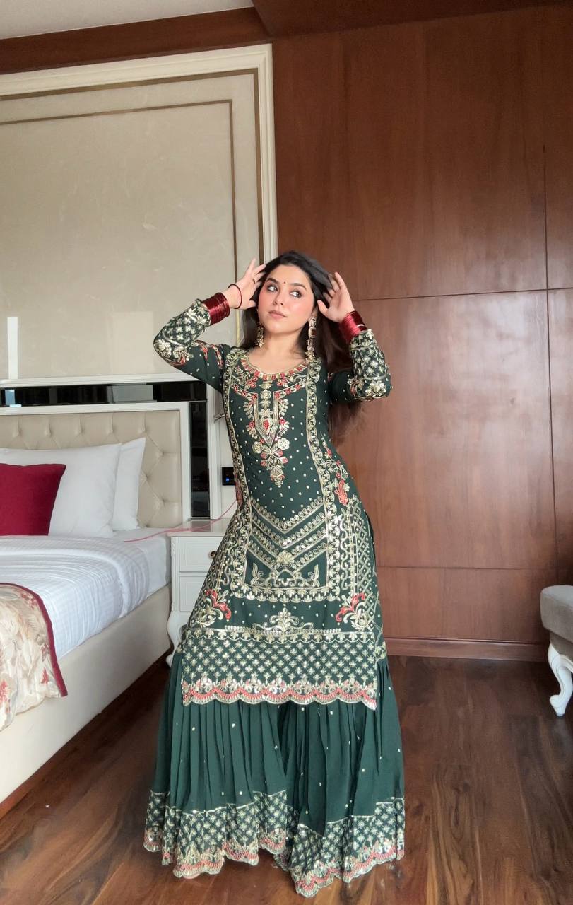 Prazu Fashion Dark Green Georgette Sequence Embroidered Sharara Suit | Grocsy