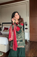 Prazu Fashion Dark Green Georgette Sequence Embroidered Sharara Suit | Grocsy