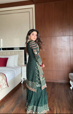 Prazu Fashion Dark Green Georgette Sequence Embroidered Sharara Suit | Grocsy