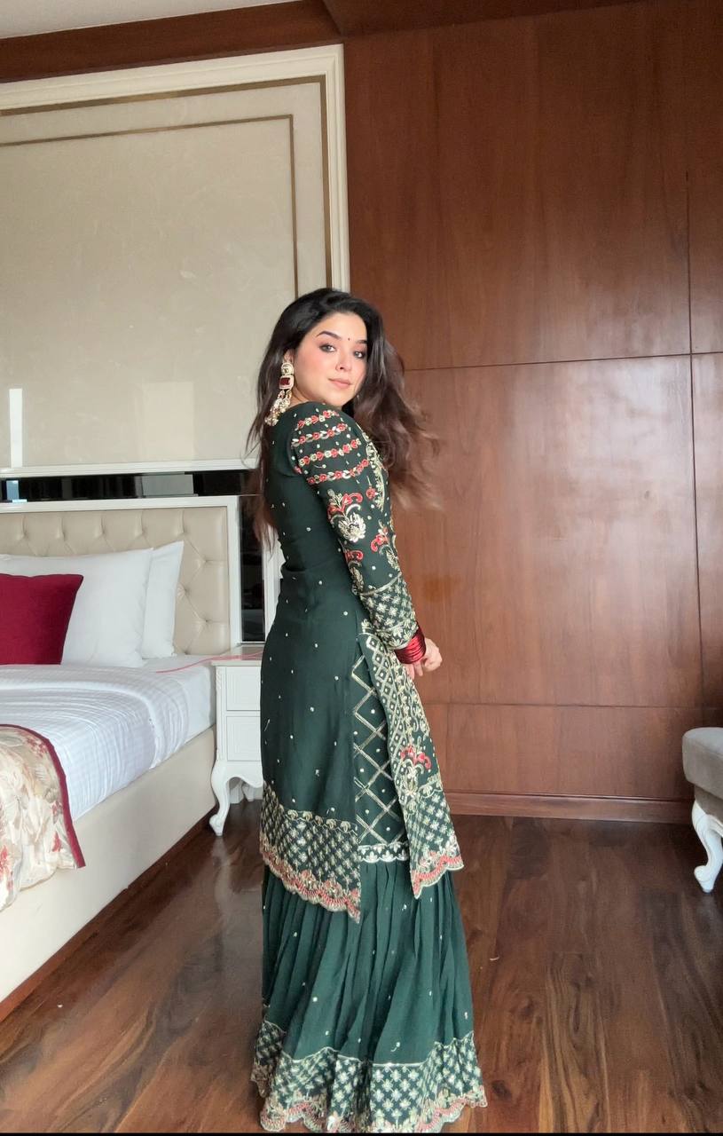 Prazu Fashion Dark Green Georgette Sequence Embroidered Sharara Suit | Grocsy