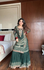 Prazu Fashion Dark Green Georgette Sequence Embroidered Sharara Suit | Grocsy