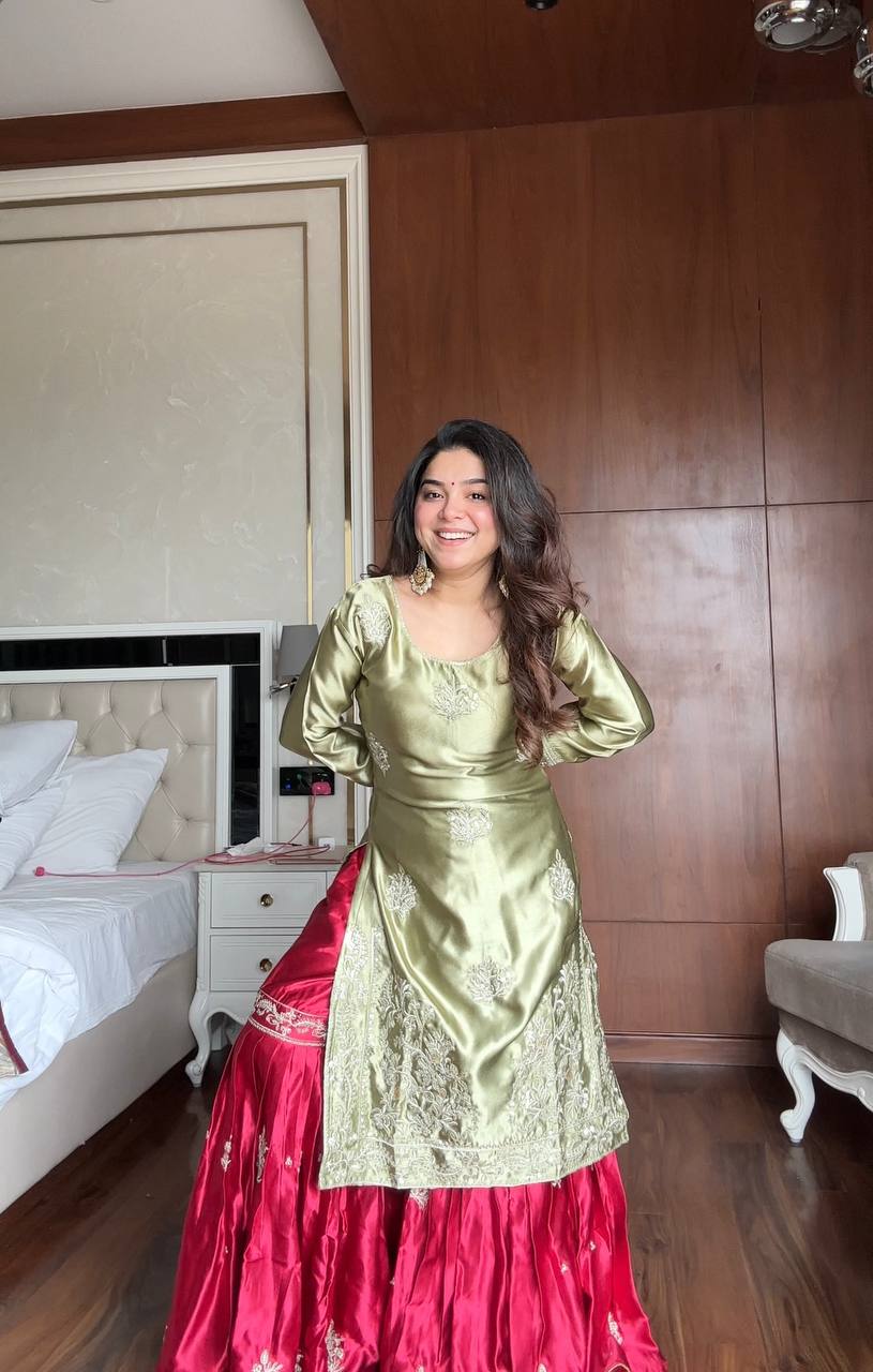 Prazu Fashion Pista Green Satin Silk Embroidered Sharara Suit | Grocsy