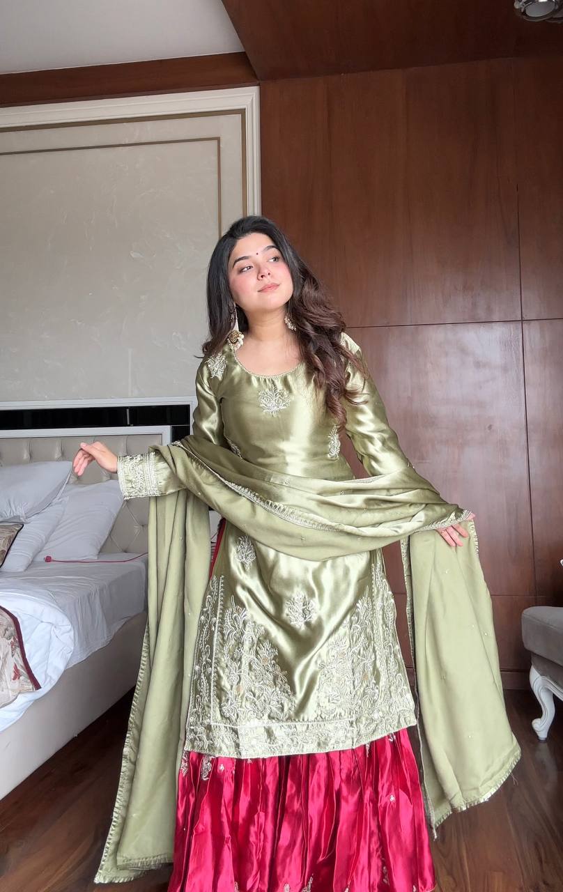 Prazu Fashion Pista Green Satin Silk Embroidered Sharara Suit | Grocsy