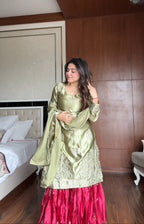 Prazu Fashion Pista Green Satin Silk Embroidered Sharara Suit | Grocsy