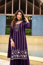 Prazu Fashion Violet Georgette Beads Work Designer Sharara Suit | Grocsy