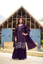 Prazu Fashion Violet Georgette Beads Work Designer Sharara Suit | Grocsy