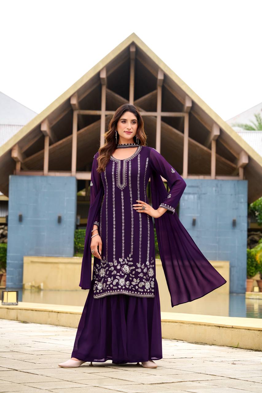 Prazu Fashion Violet Georgette Beads Work Designer Sharara Suit | Grocsy