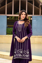 Prazu Fashion Violet Georgette Beads Work Designer Sharara Suit | Grocsy