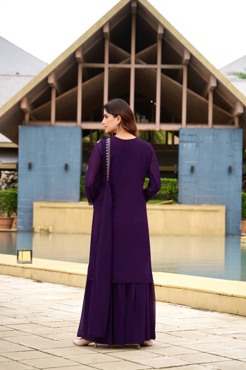 Prazu Fashion Violet Georgette Beads Work Designer Sharara Suit | Grocsy