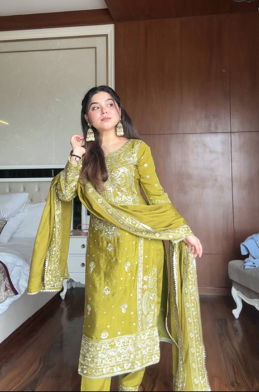 Prazu Fashion Lime Green Chinon Silk Embroidered Salwar Suit | Grocsy