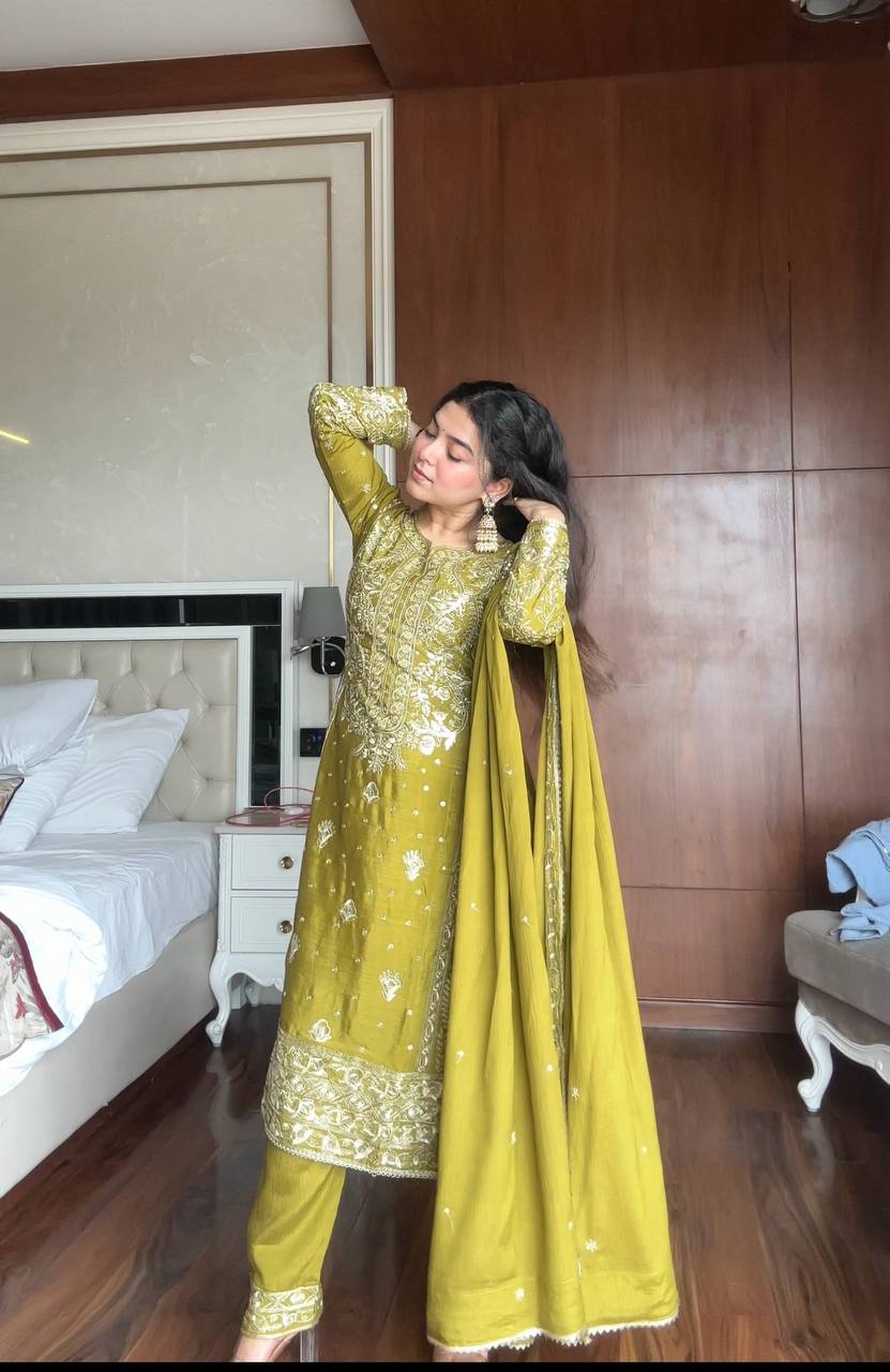 Prazu Fashion Lime Green Chinon Silk Embroidered Salwar Suit | Grocsy