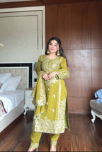 Prazu Fashion Lime Green Chinon Silk Embroidered Salwar Suit | Grocsy
