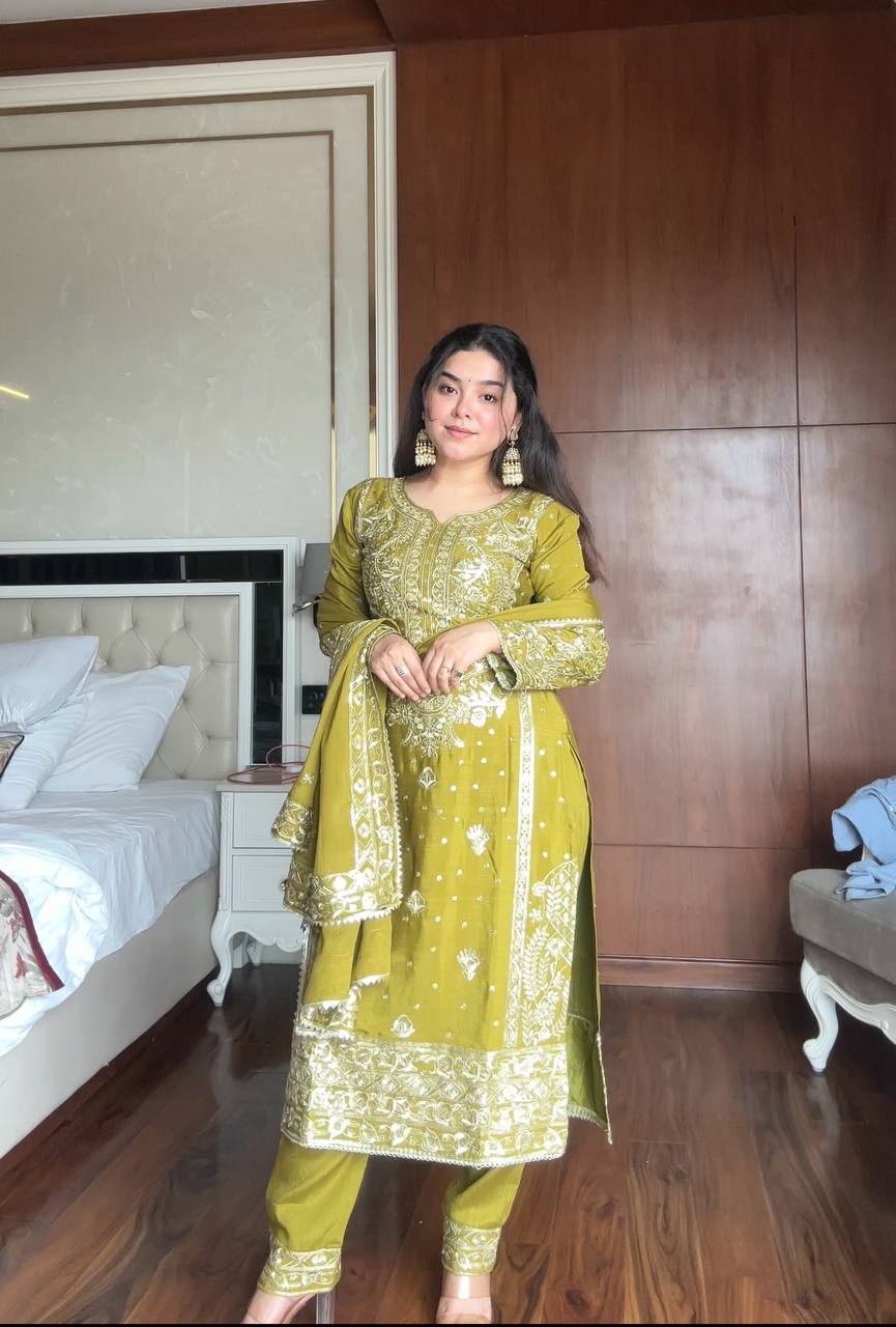Prazu Fashion Lime Green Chinon Silk Embroidered Salwar Suit | Grocsy