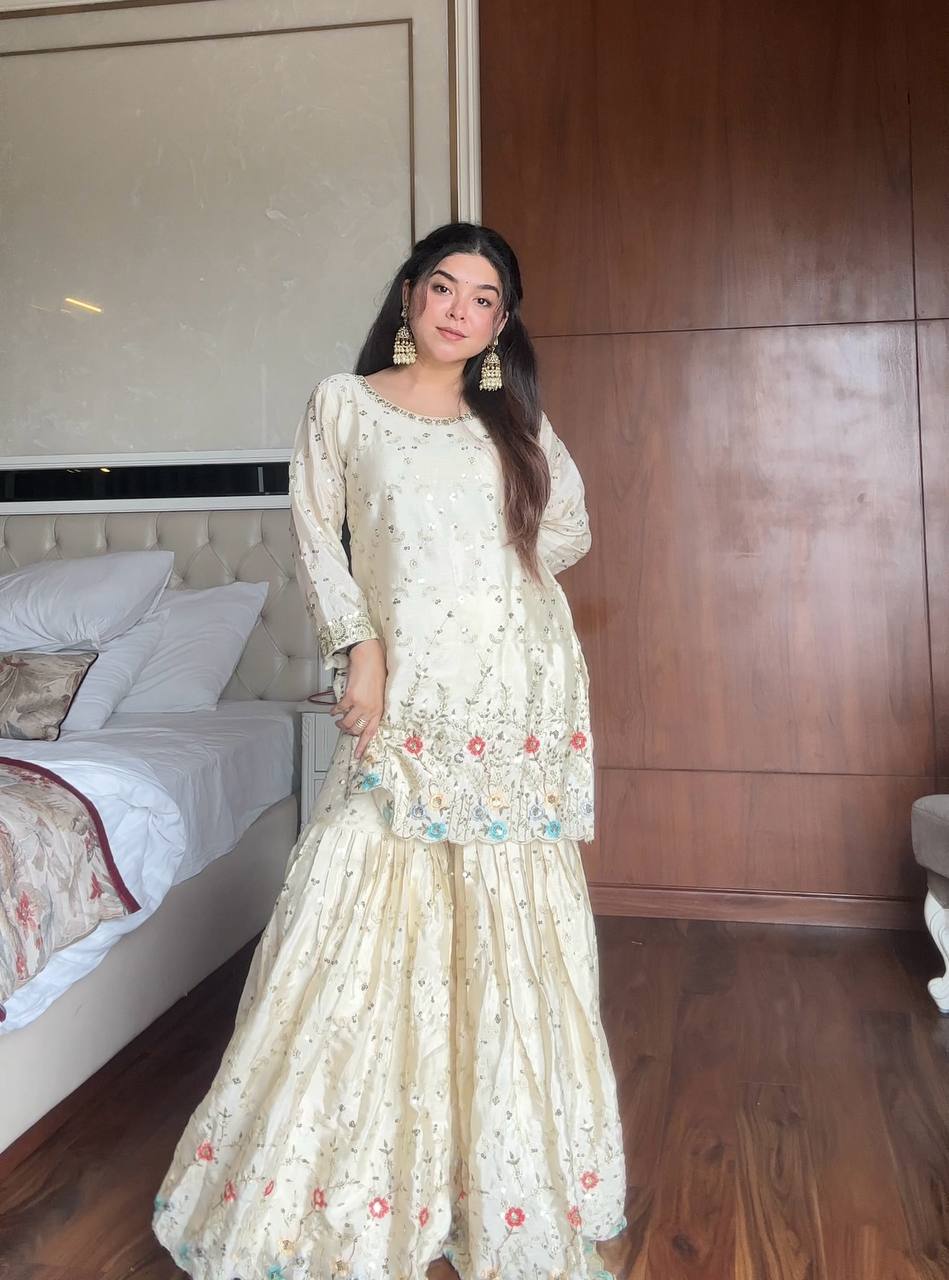 Prazu Fashion Off White Chinon Silk Embroidered Sharara Suit | Grocsy