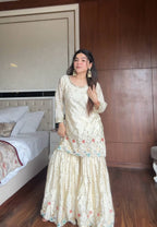 Prazu Fashion Off White Chinon Silk Embroidered Sharara Suit | Grocsy